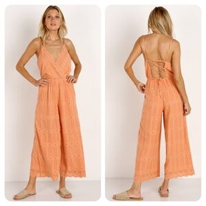 L*Space | Anthropologie Ciara Embroidered Tropical Jumper Jumpsuit Peach Medium